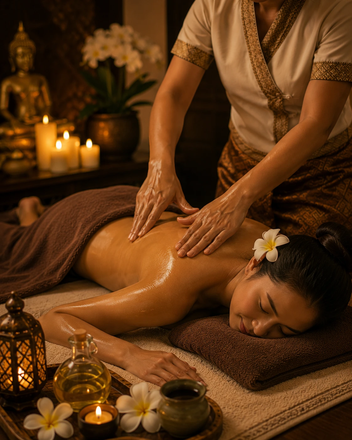 Massageöl und entspannende Atmosphäre